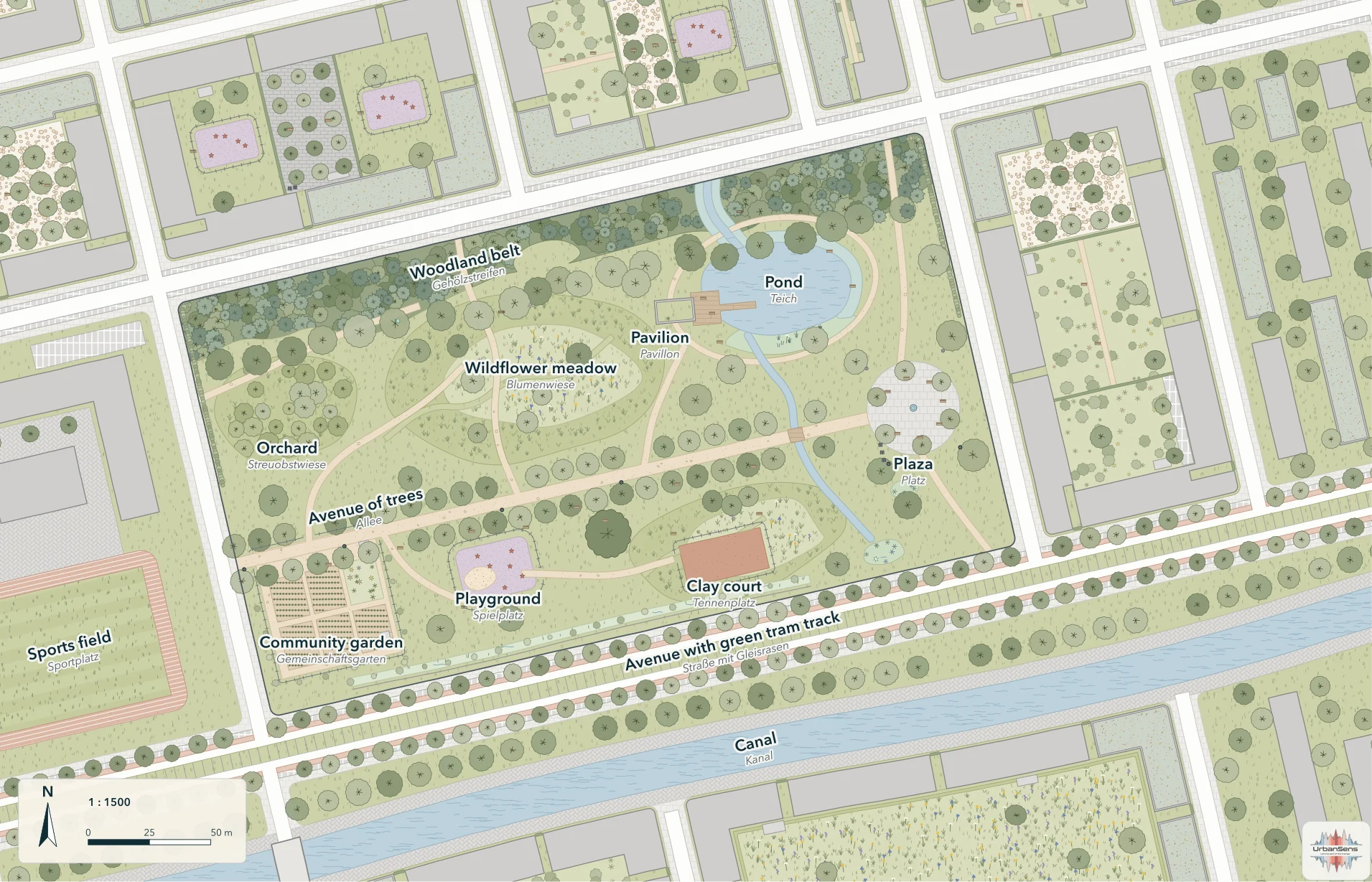 Angerpark, the demo quarter, drawn in the house style at 1:1500