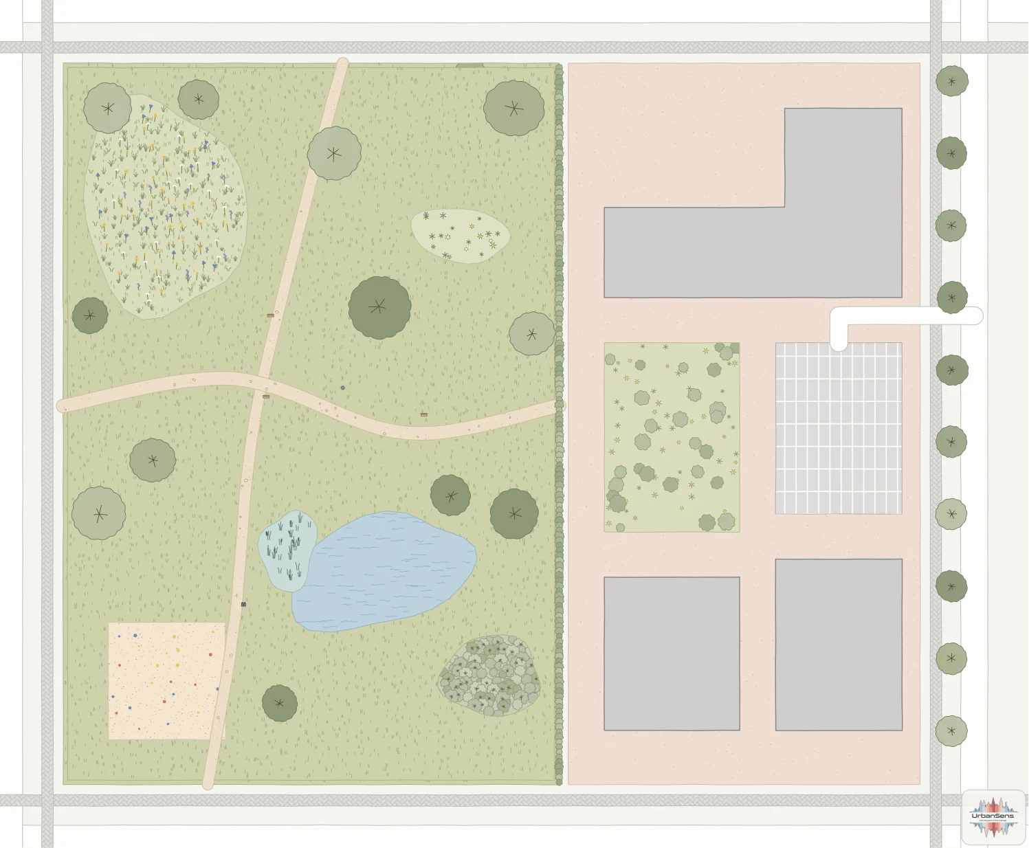 Ein Block mit OSM-typischen Daten, gezeichnet mit ulg